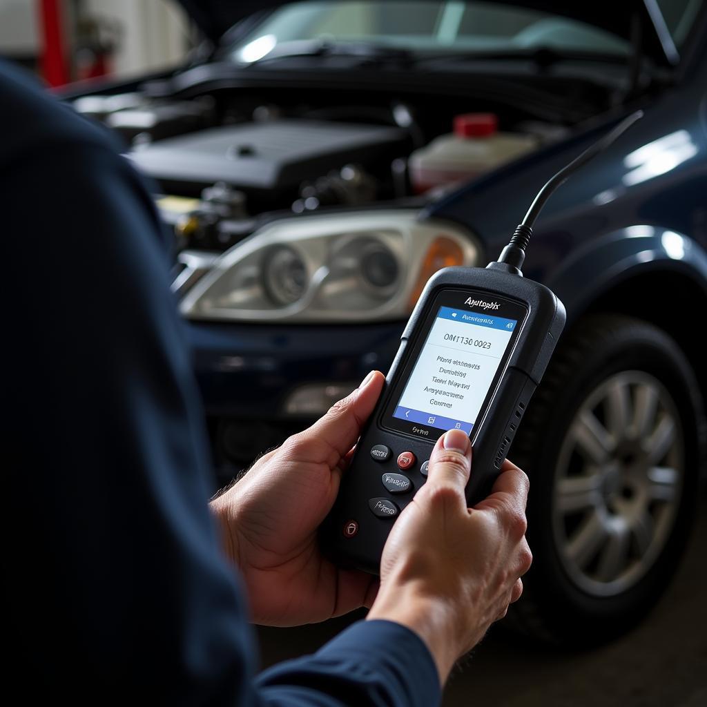 A mechanic using the Autophix OM123 OBD2 scanner to diagnose a car in a garage