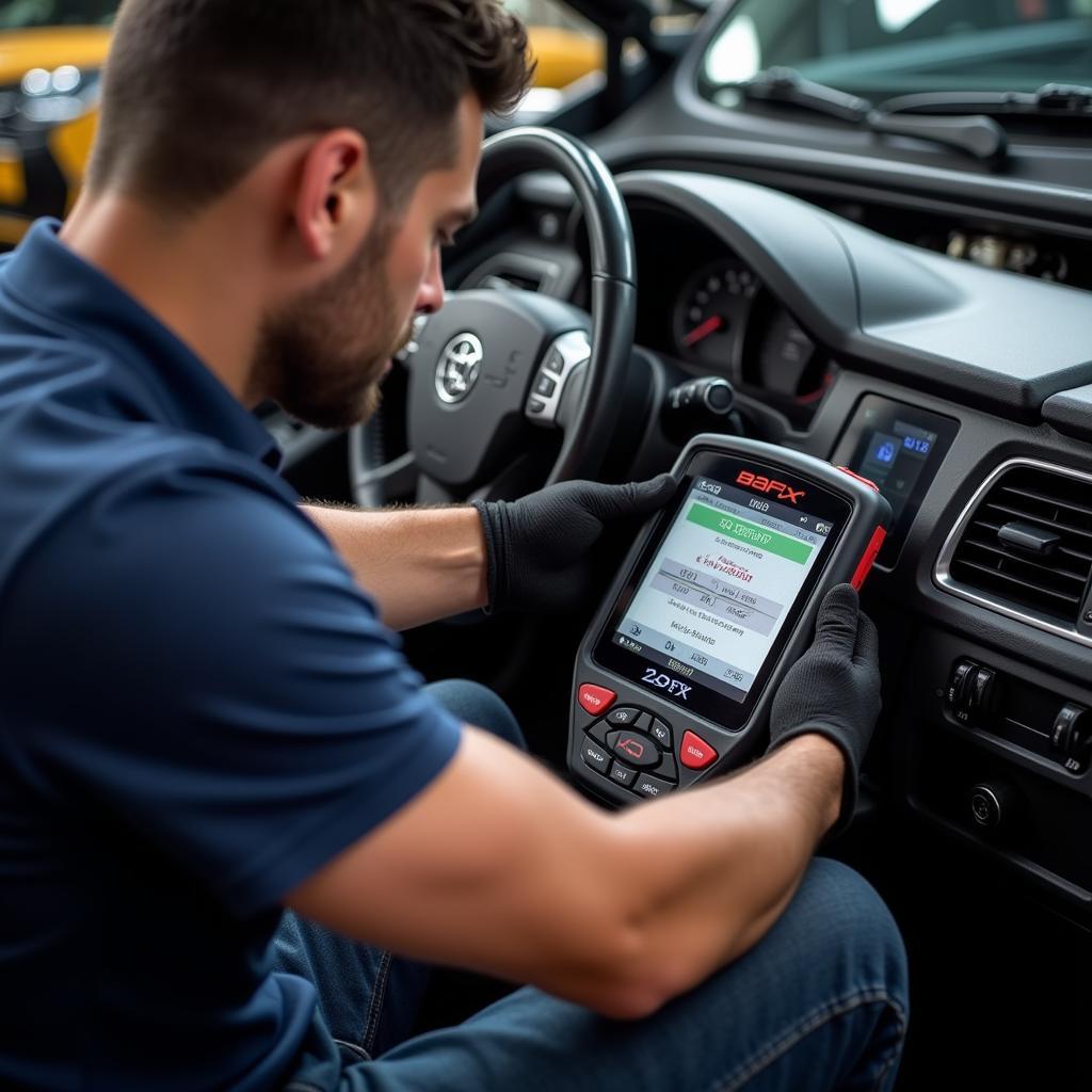 Mechanic using BAFX OBD2 scanner to diagnose car problems