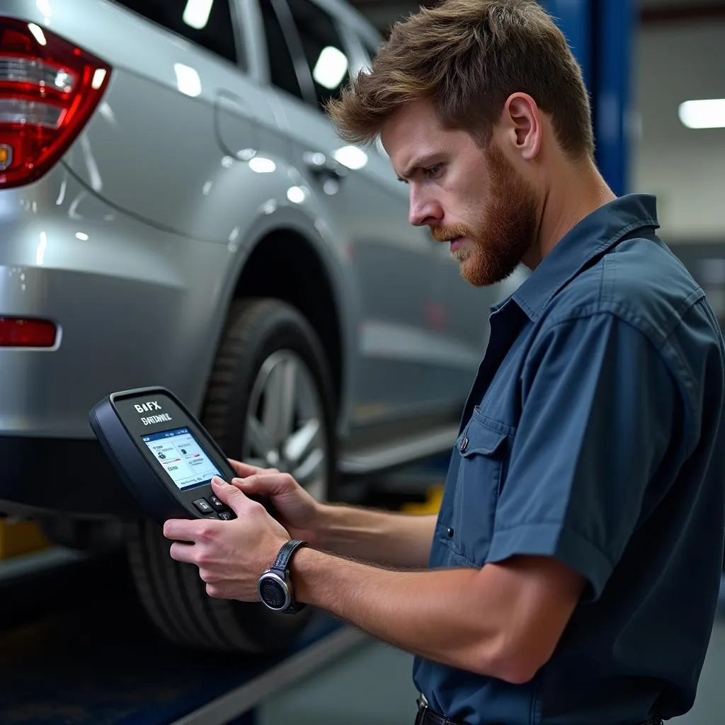 Mechanic Using BAFX OBD2 Scanner in Car Repair Shop