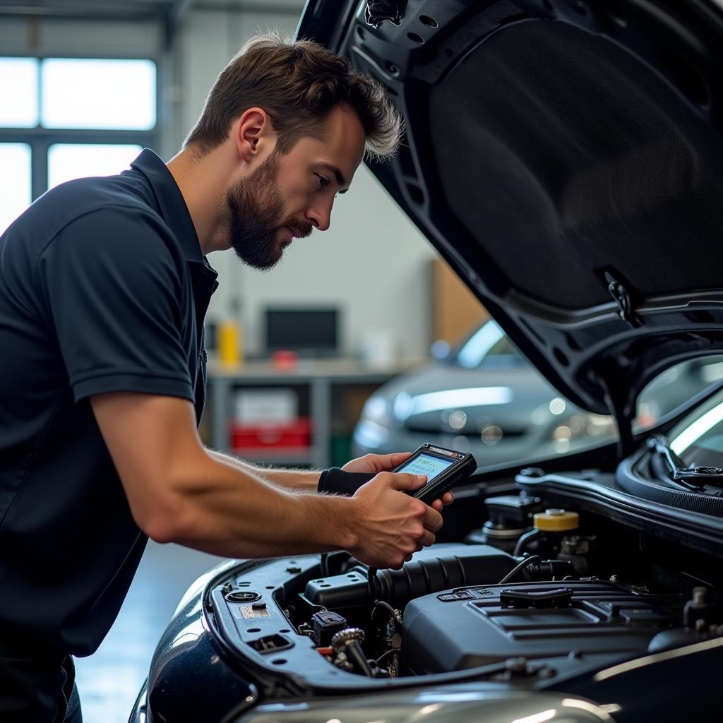 A mechanic uses a BAFX OBD2 scanner to diagnose a car in a professional garage.