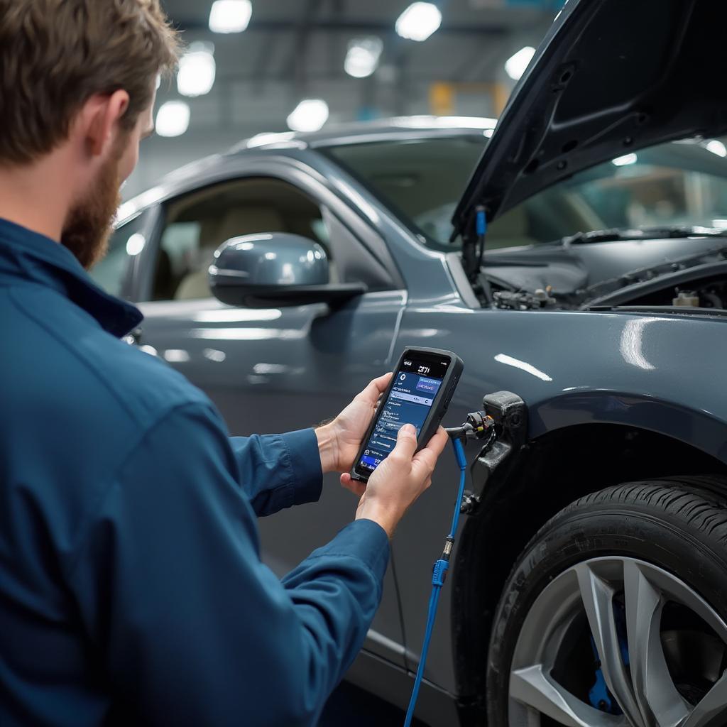 Mechanic Using a BlueDriver OBD2 Scanner to Diagnose a Car