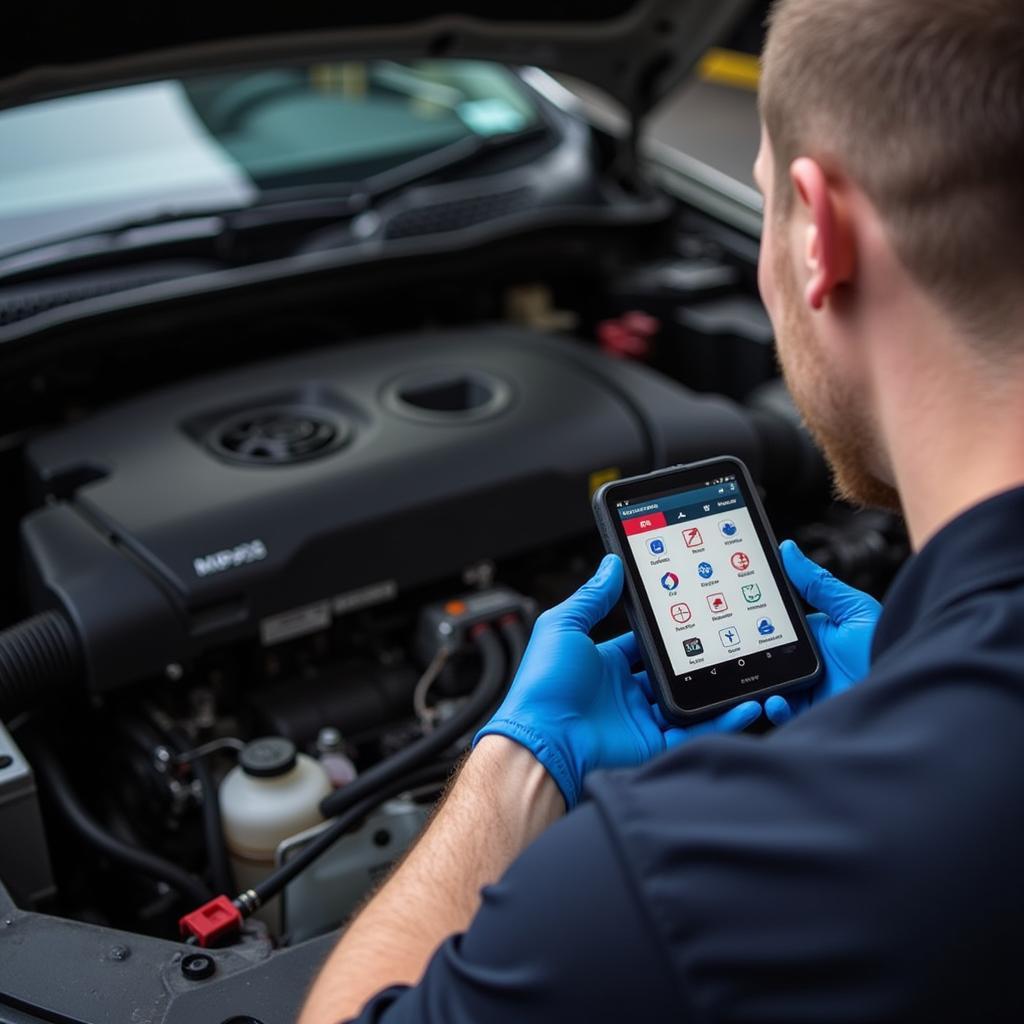 A mechanic using a Bluedriver OBD2 scanner to diagnose a car