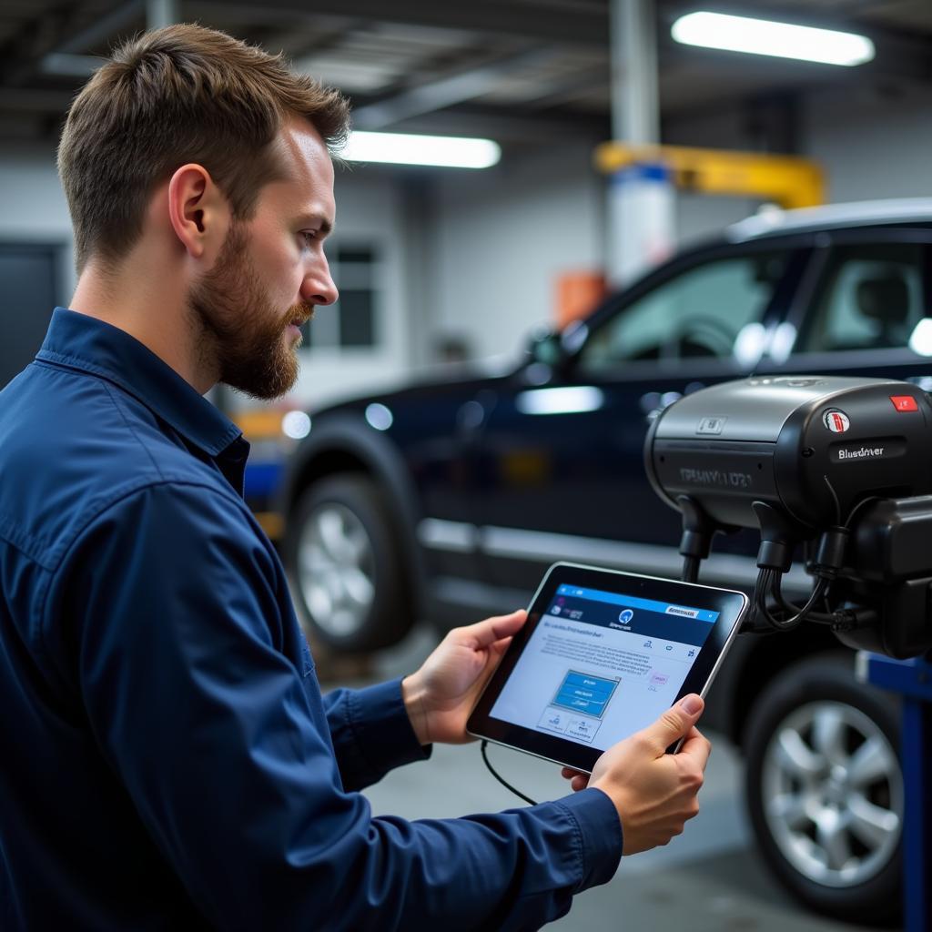 Mechanic Using BlueDriver OBD2 Scanner on Car