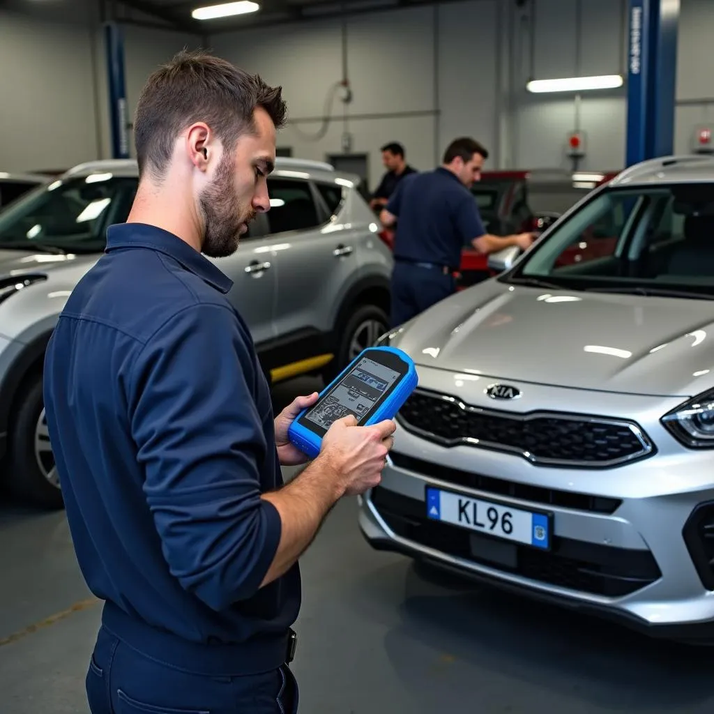 Mechanic using a BlueDriver OBD2 scanner on a Kia in a garage