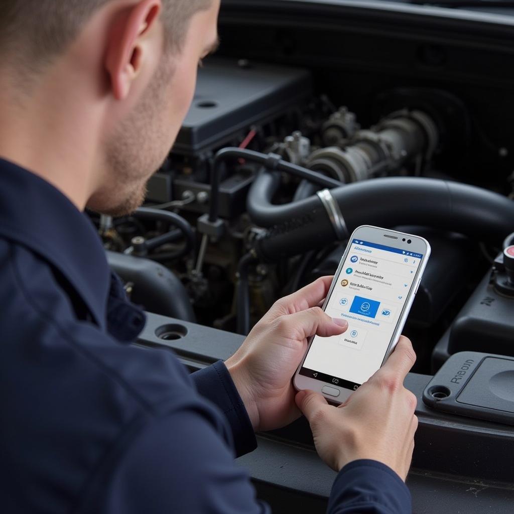 Mechanic Using BlueDriver OBD2 to Diagnose Car