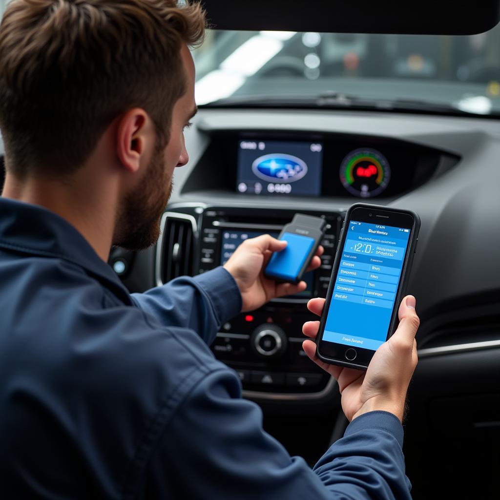 Mechanic Using BlueDriver on Subaru