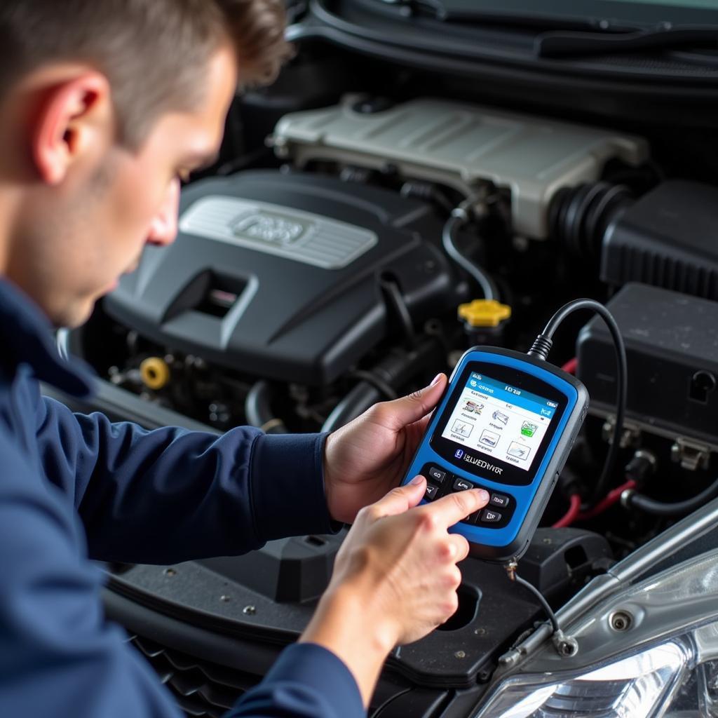 Mechanic Using BlueDriver OBD2 Scanner on Honda Engine