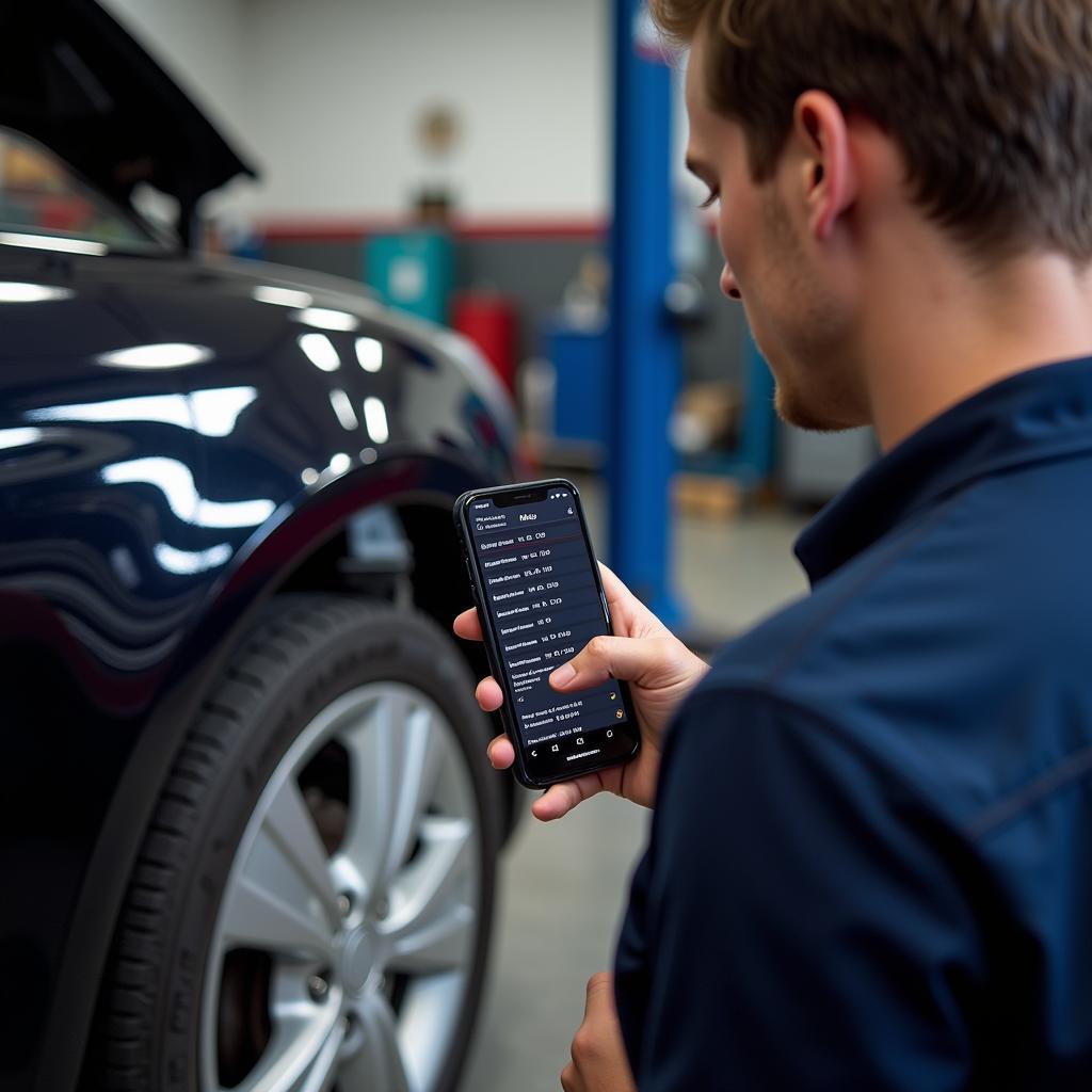 Mechanic using a Bluetooth OBD2 adapter to diagnose a car problem.