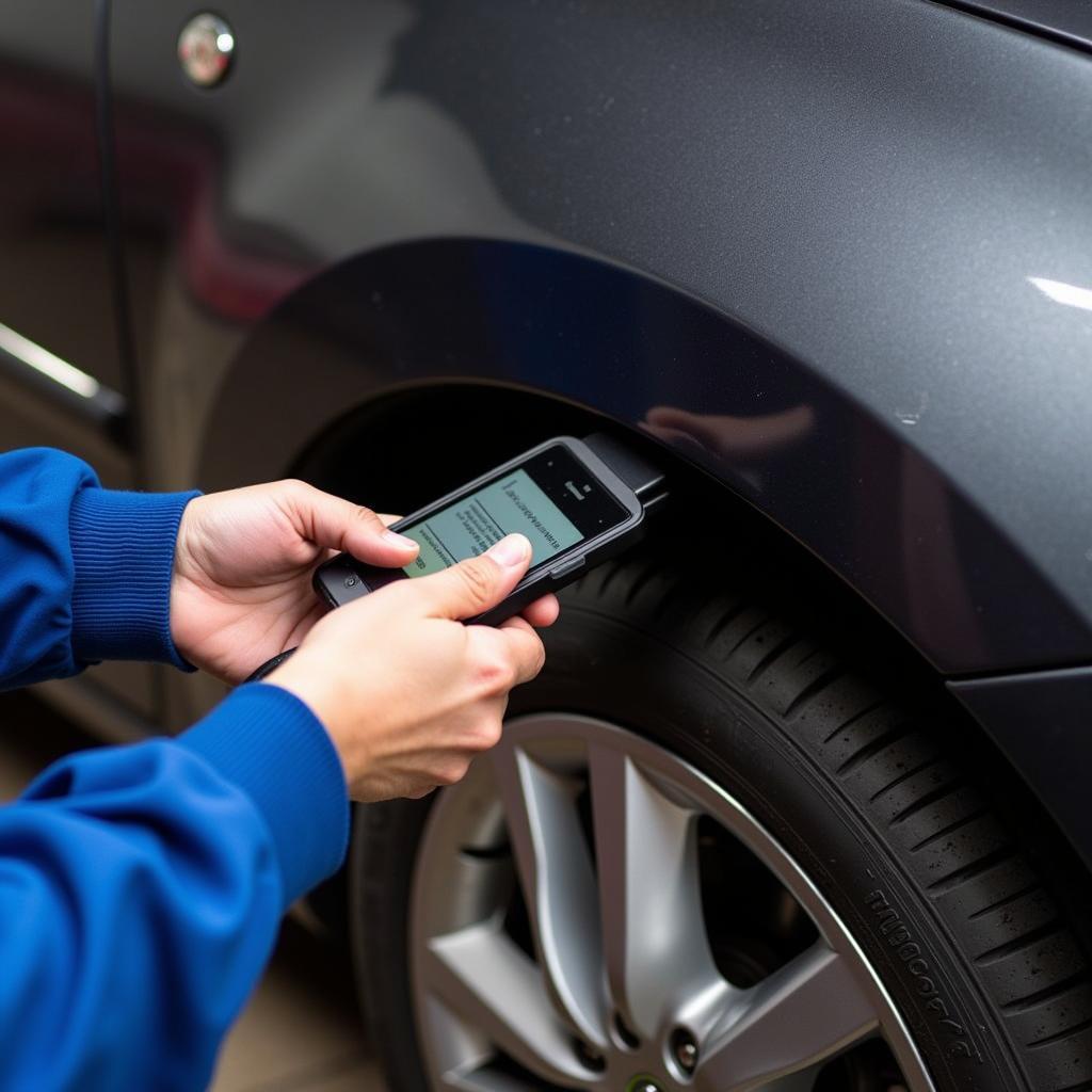 Mechanic using a Bluetooth OBD2 reader to diagnose a car