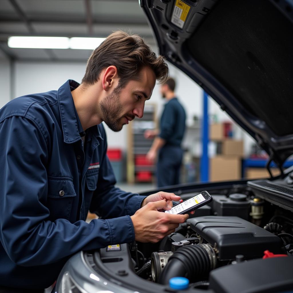 Mechanic using a Bluetooth OBD2 reader to diagnose a car problem