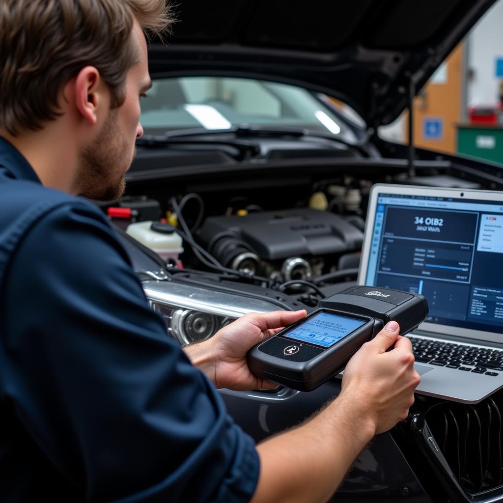 Mechanic Diagnosing Car with Bluetooth OBD2 Scanner