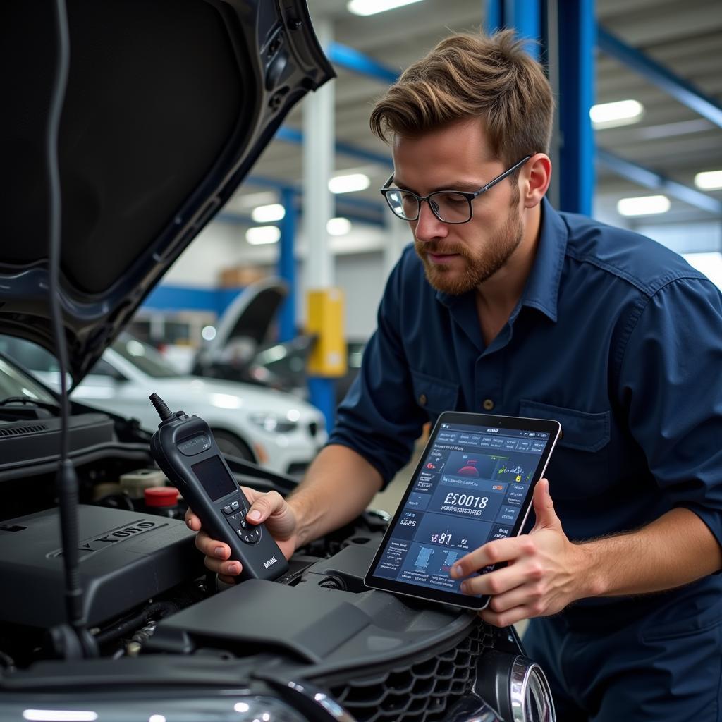 Mechanic Using Bluetooth OBD2 Scanner