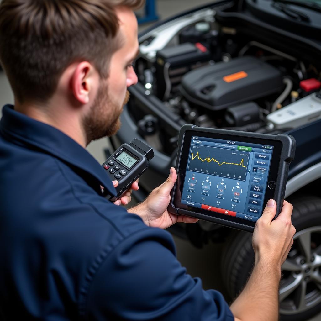 Mechanic Using Bluetooth OBD2 Scanner on Car