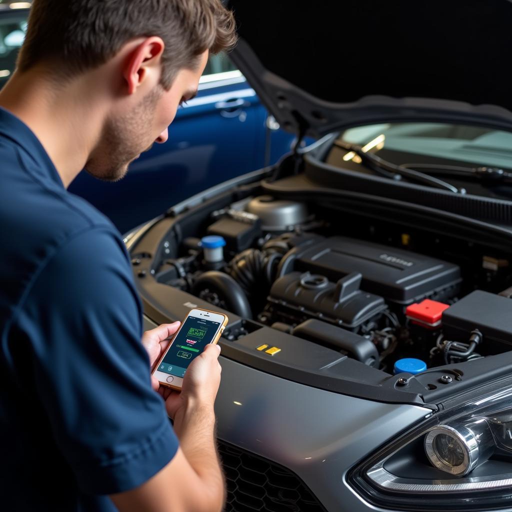 Mechanic Using Bluetooth OBD2 Scanner in Garage