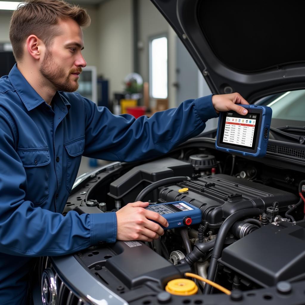 Mechanic Using Bluetooth OBD2 Scanner in Garage