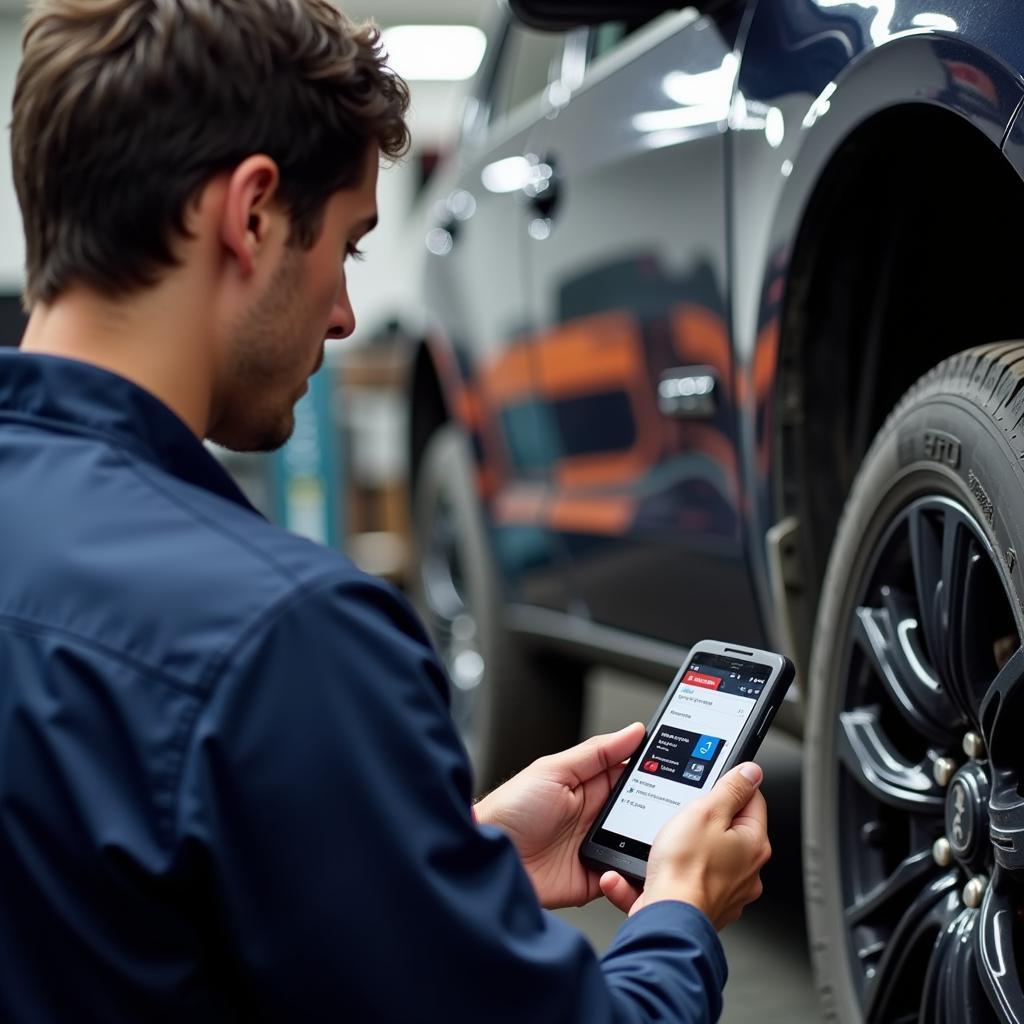 Mechanic using Bluetooth OBD2 scanner in garage