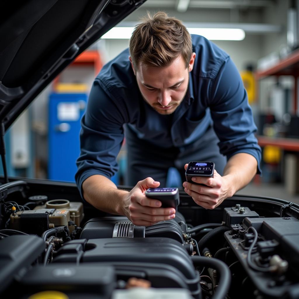 Mechanic Using Bluetooth OBD2 Scanner for Diagnostics