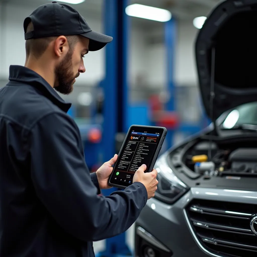 Mechanic Diagnosing a Car Using a Car Wifi OBD2 Scanner