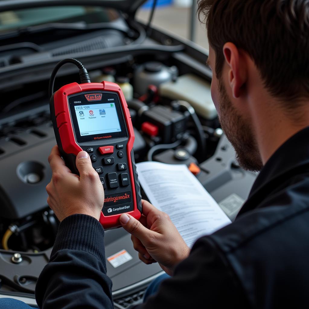 Mechanic Using Cen Tech Scanner and Manual