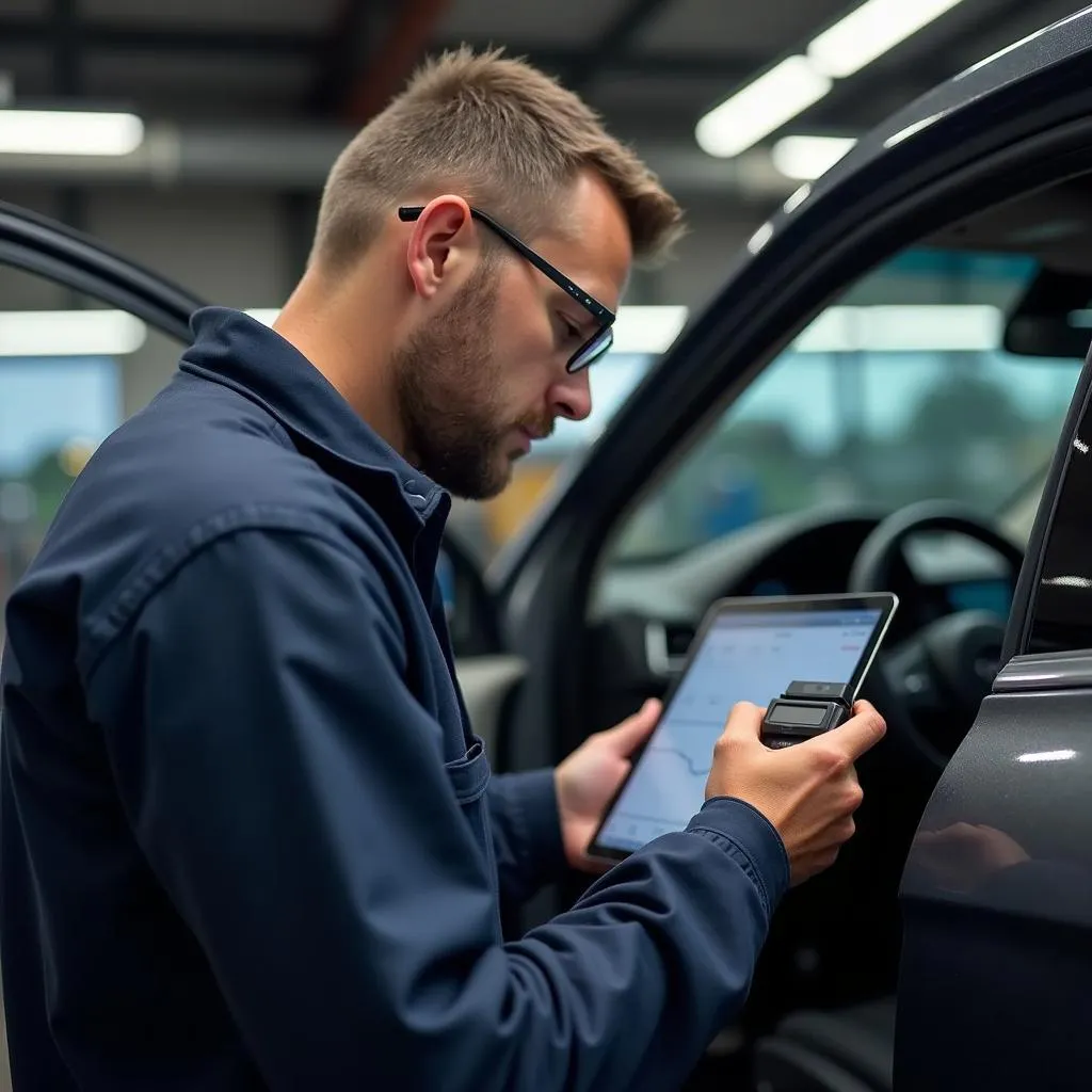 Mechanic Using Circle OBD2 Adapter to Diagnose Car