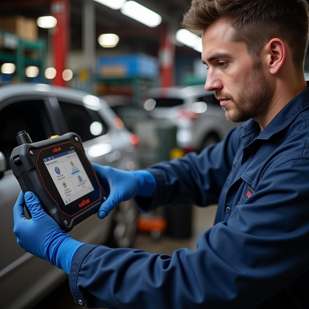 Mechanic Using CJ4 OBD2 Scanner in Garage