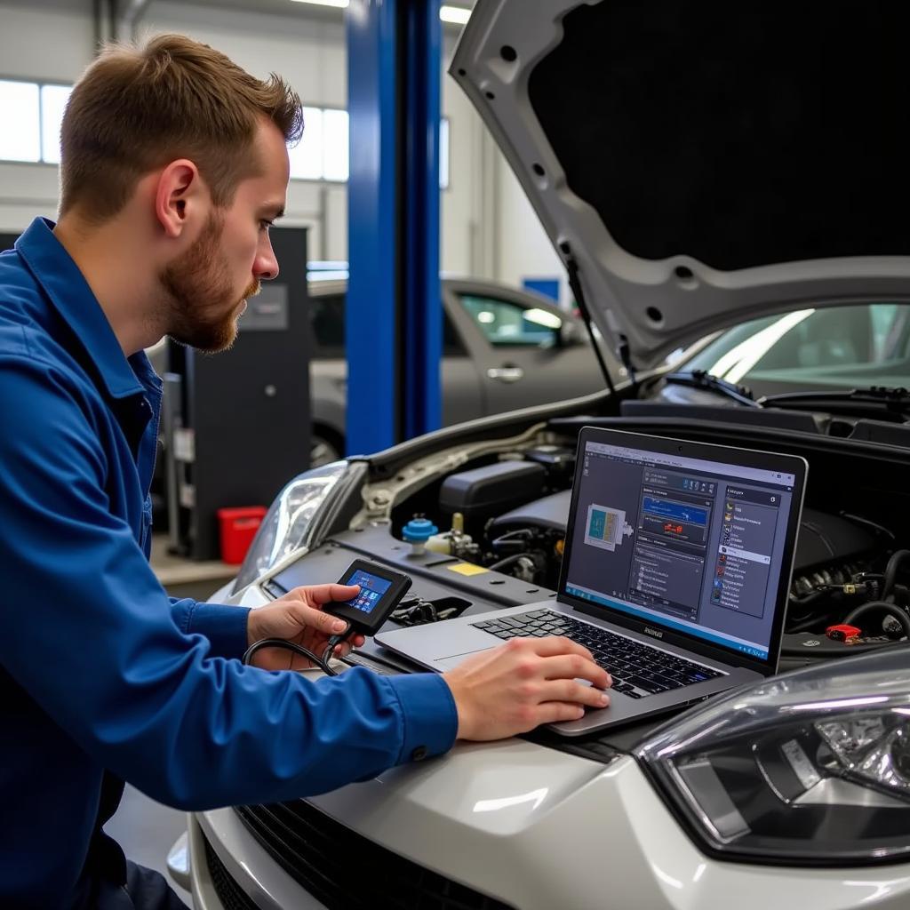 A mechanic using a Cobb OBD2 USB cable for car diagnostics