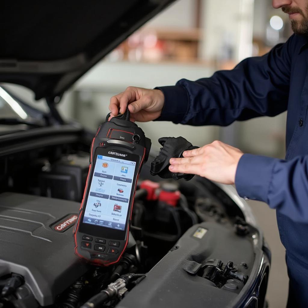 Mechanic using Craftsman OBD2 1 scan tool to diagnose car problems