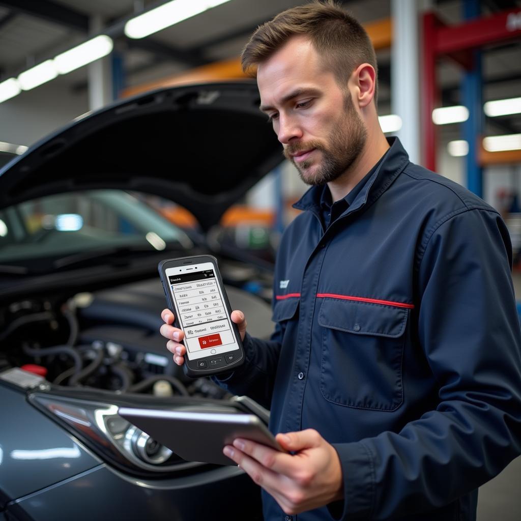 Mechanic Using Delphi OBD2 Bluetooth Scanner in Garage