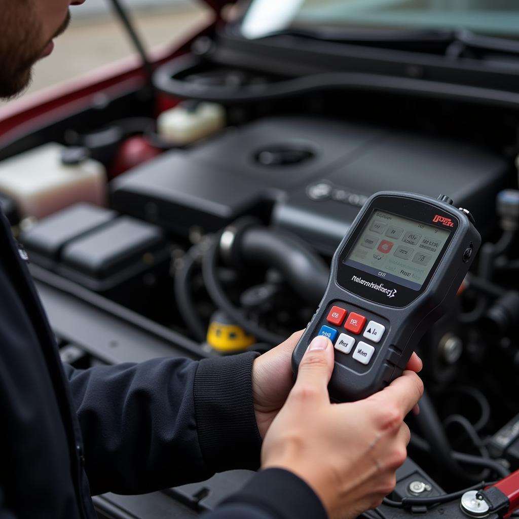 Mechanic Using Diagnostic OBD2 Programmer