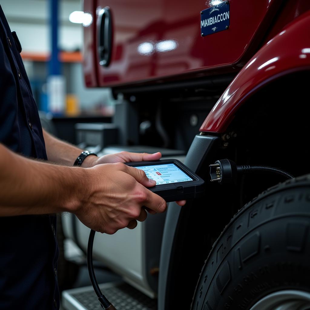 Mechanic Using Diagnostic Tool on Truck