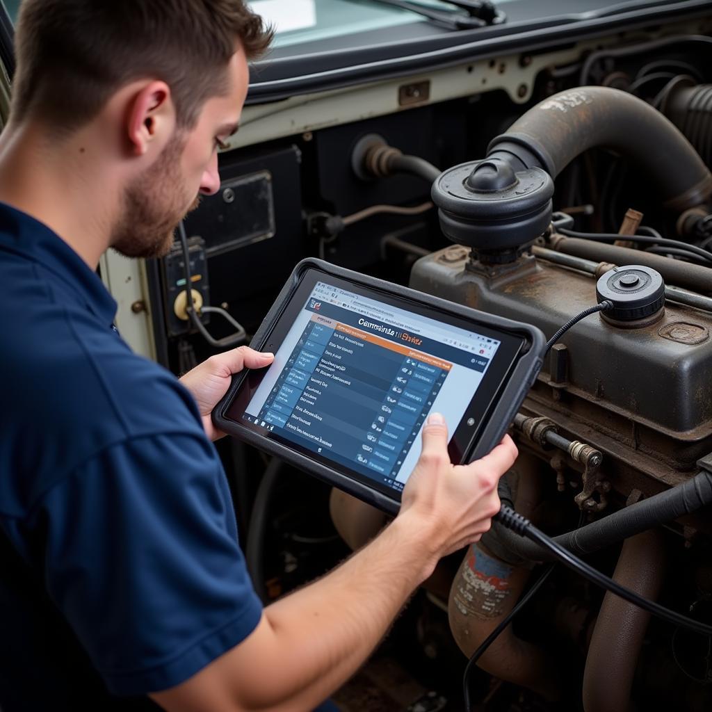 Mechanic Using E-Manual and OBD2 Scanner