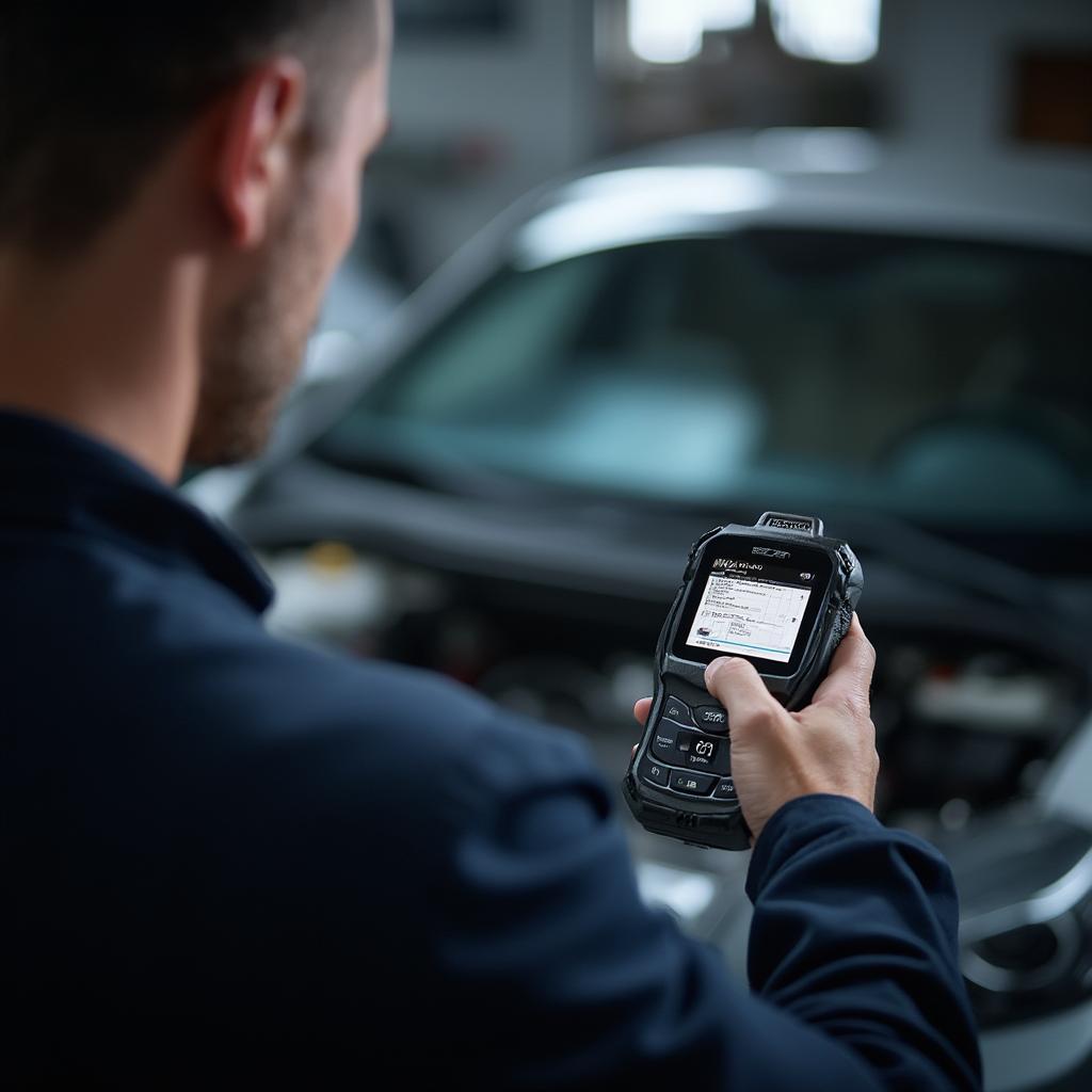 Mechanic Using Eco Full OBD2 Scanner in a Workshop