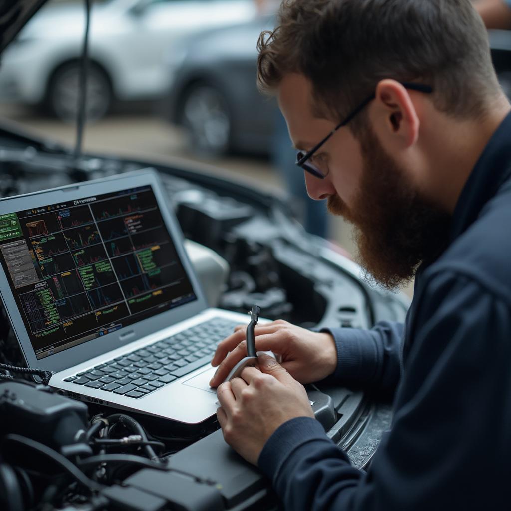 Mechanic using an edge OBD2 cable with a laptop for car diagnostics