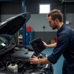 A mechanic using an ELM OBD2 WiFi adapter to diagnose a car