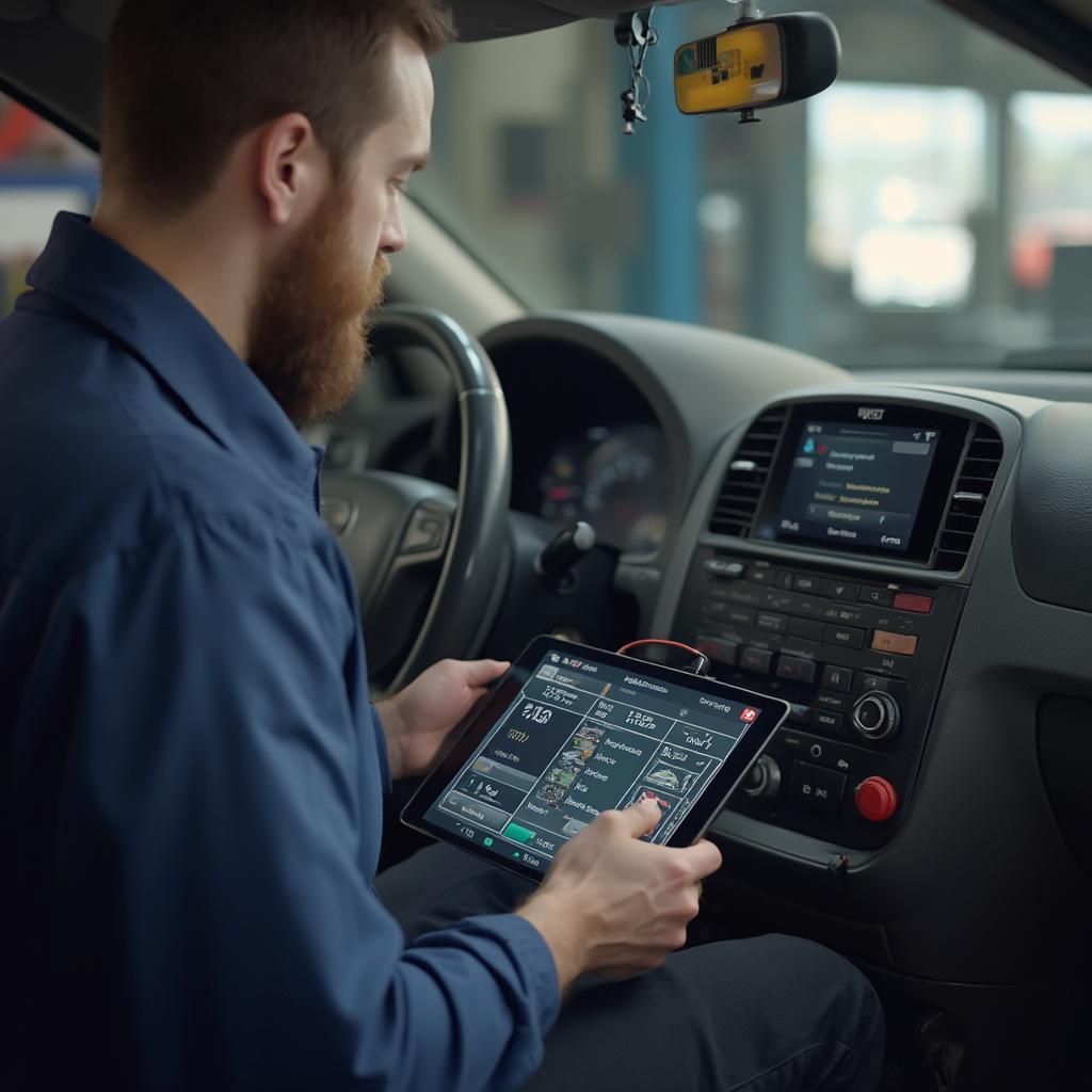 A mechanic diagnosing a car with an ELM327 adapter and a tablet.