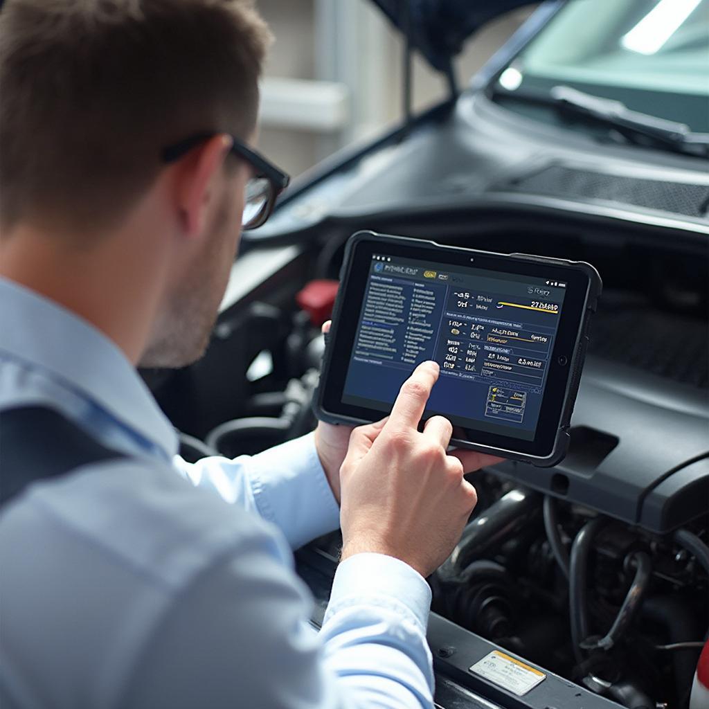 Mechanic Using ELM327 Bluetooth Adapter for Diagnostics