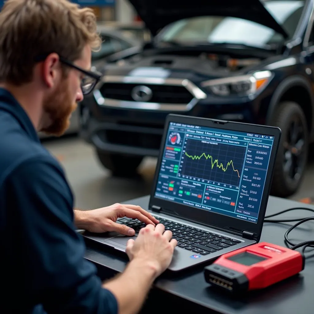 Mechanic Using ELM327 Scanner with Laptop Software