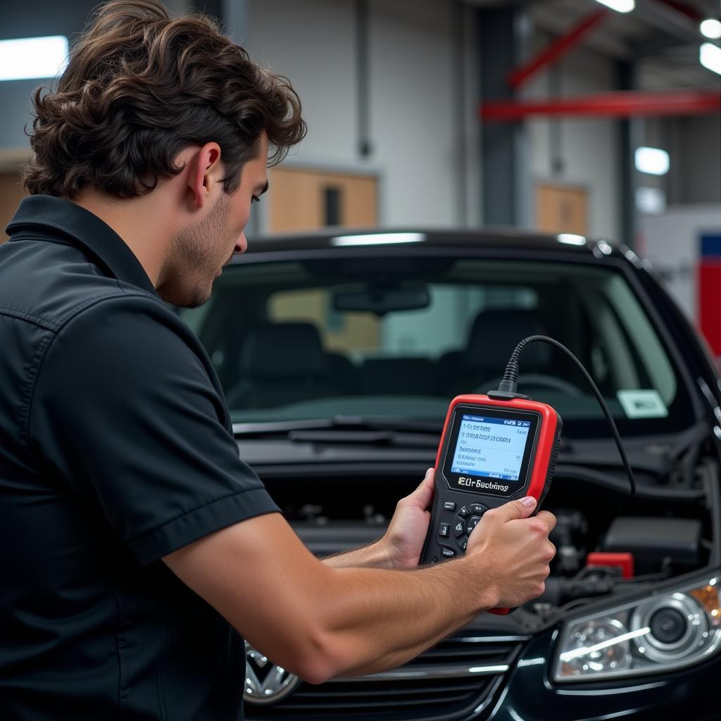 Mechanic Using ELM327 Scanner to Diagnose Car Problem