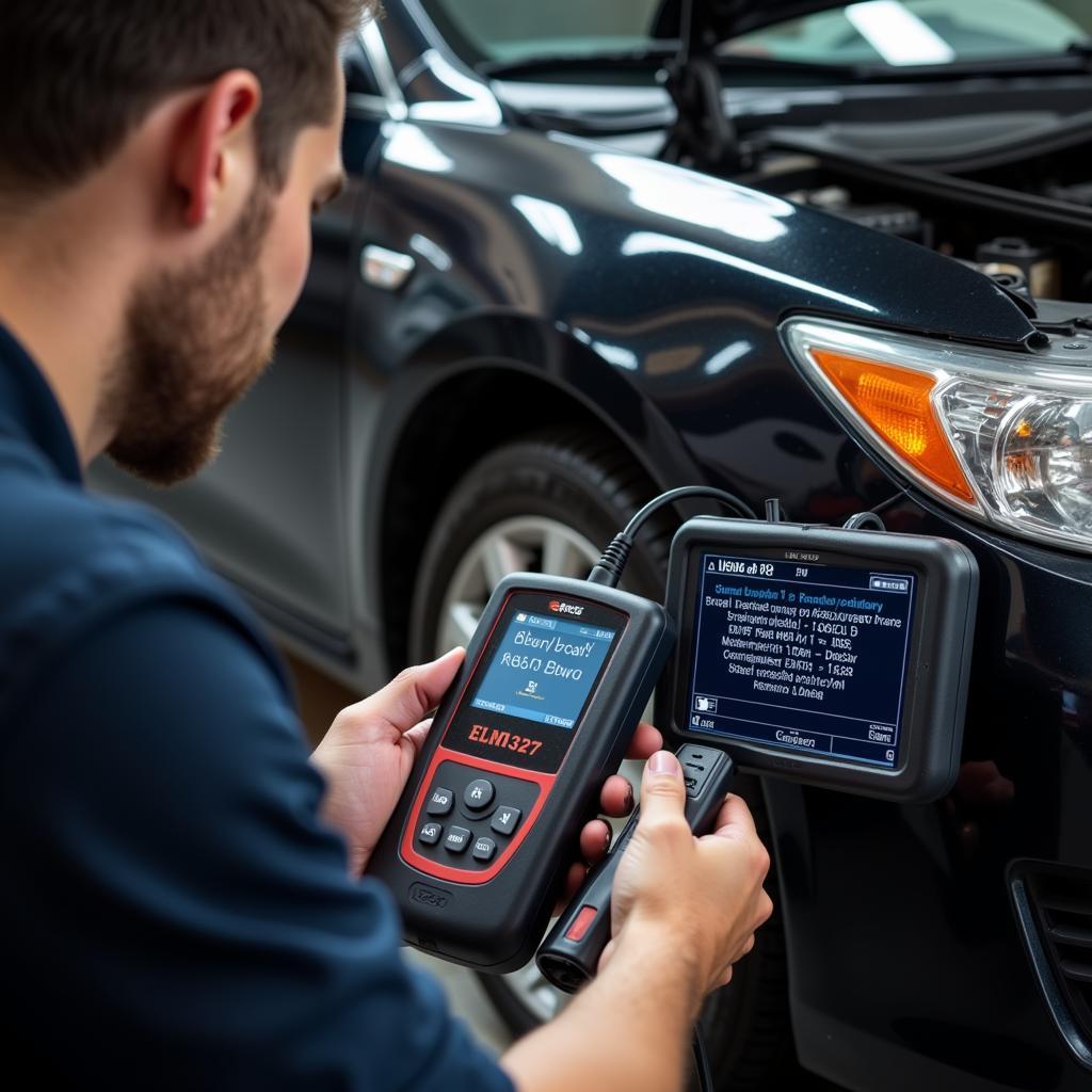 Mechanic Using ELM327 Scanner to Diagnose Car Problem