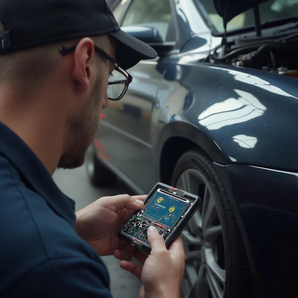 Mechanic Using ELM327 WiFi OBD2 Scanner to Diagnose a Car