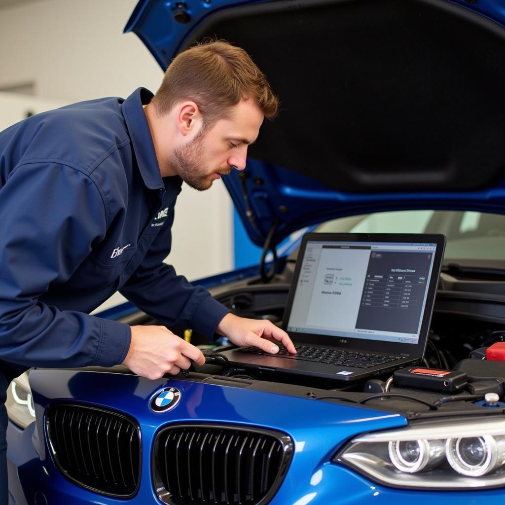 Mechanic Using ENET Cable for BMW Diagnostics in Garage