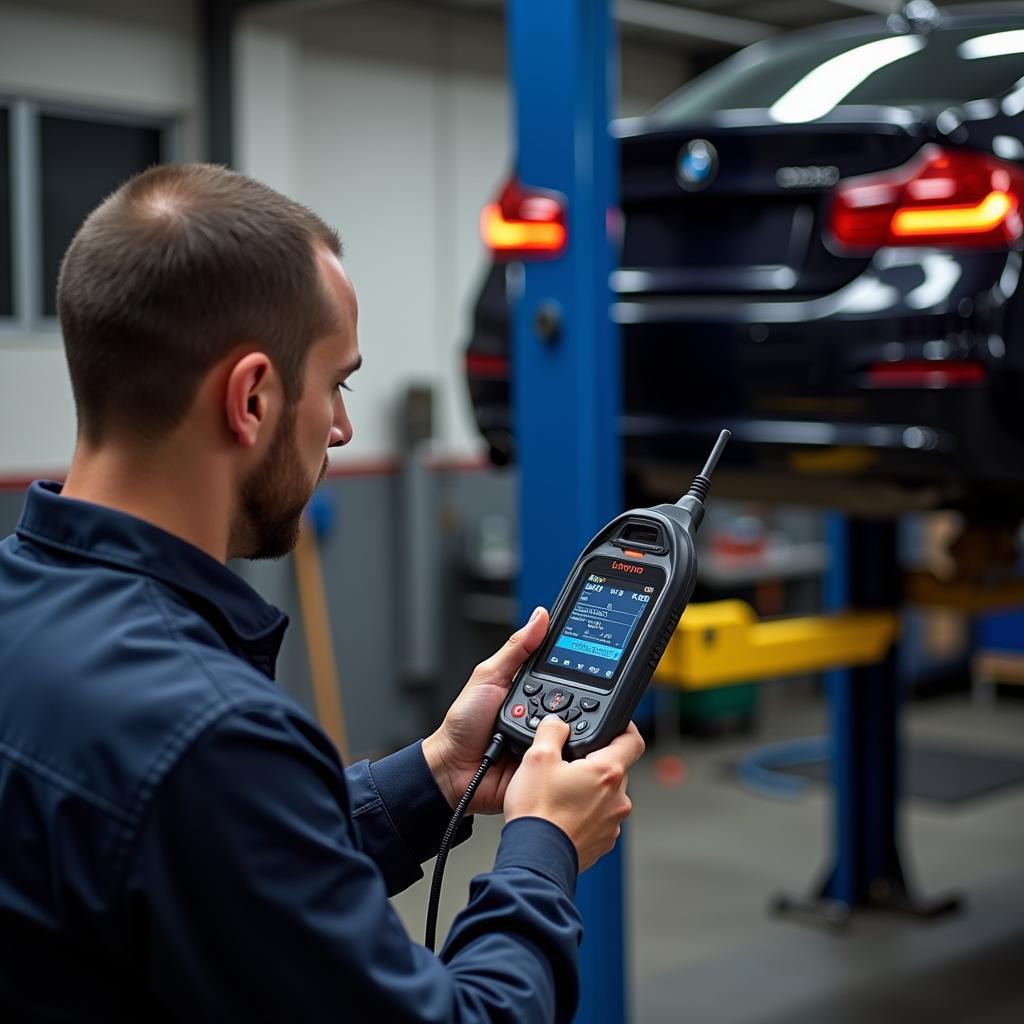 Mechanic using external OBD2 scanner to diagnose car trouble