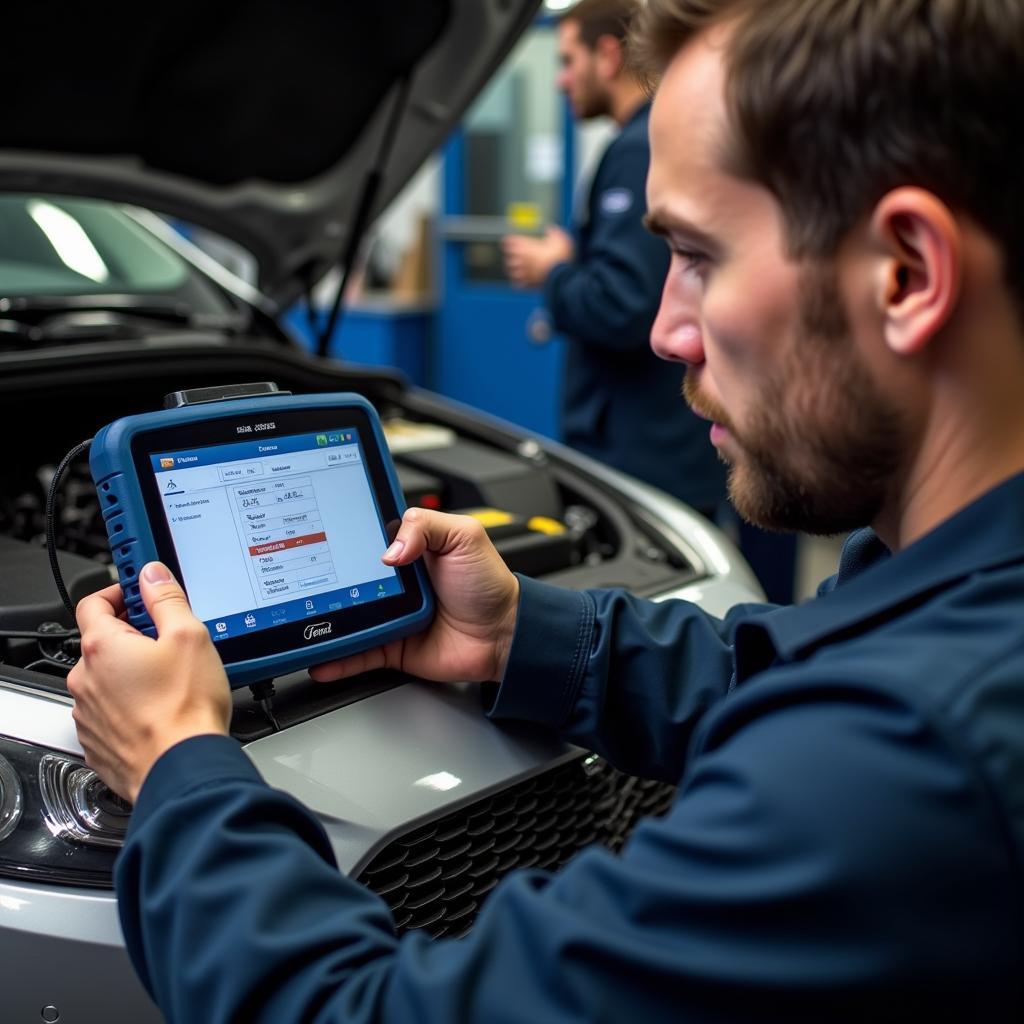 Mechanic Using FoCOM Ford OBD2 Scanner