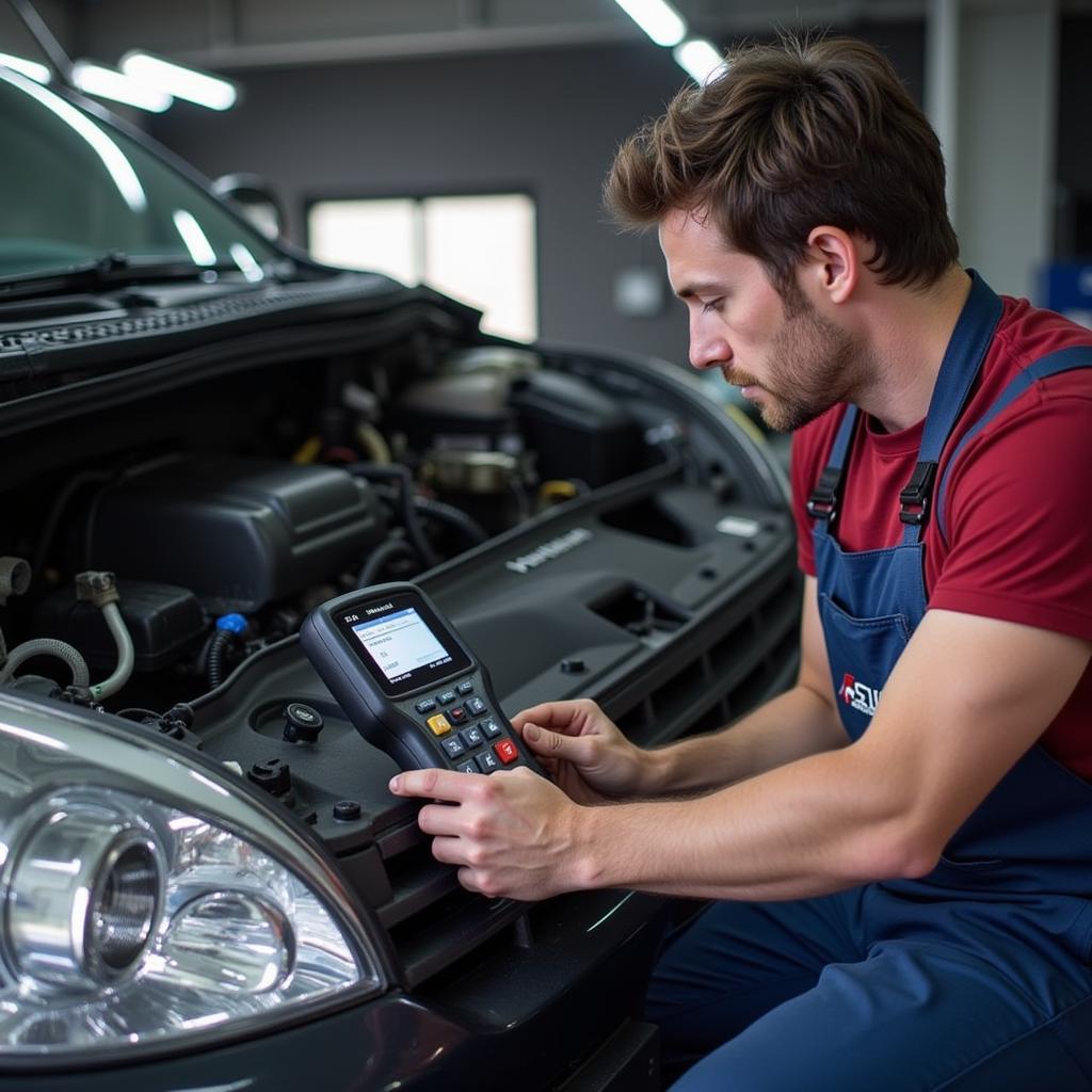 Mechanic Using a Foseal OBD2 Scanner in a Workshop