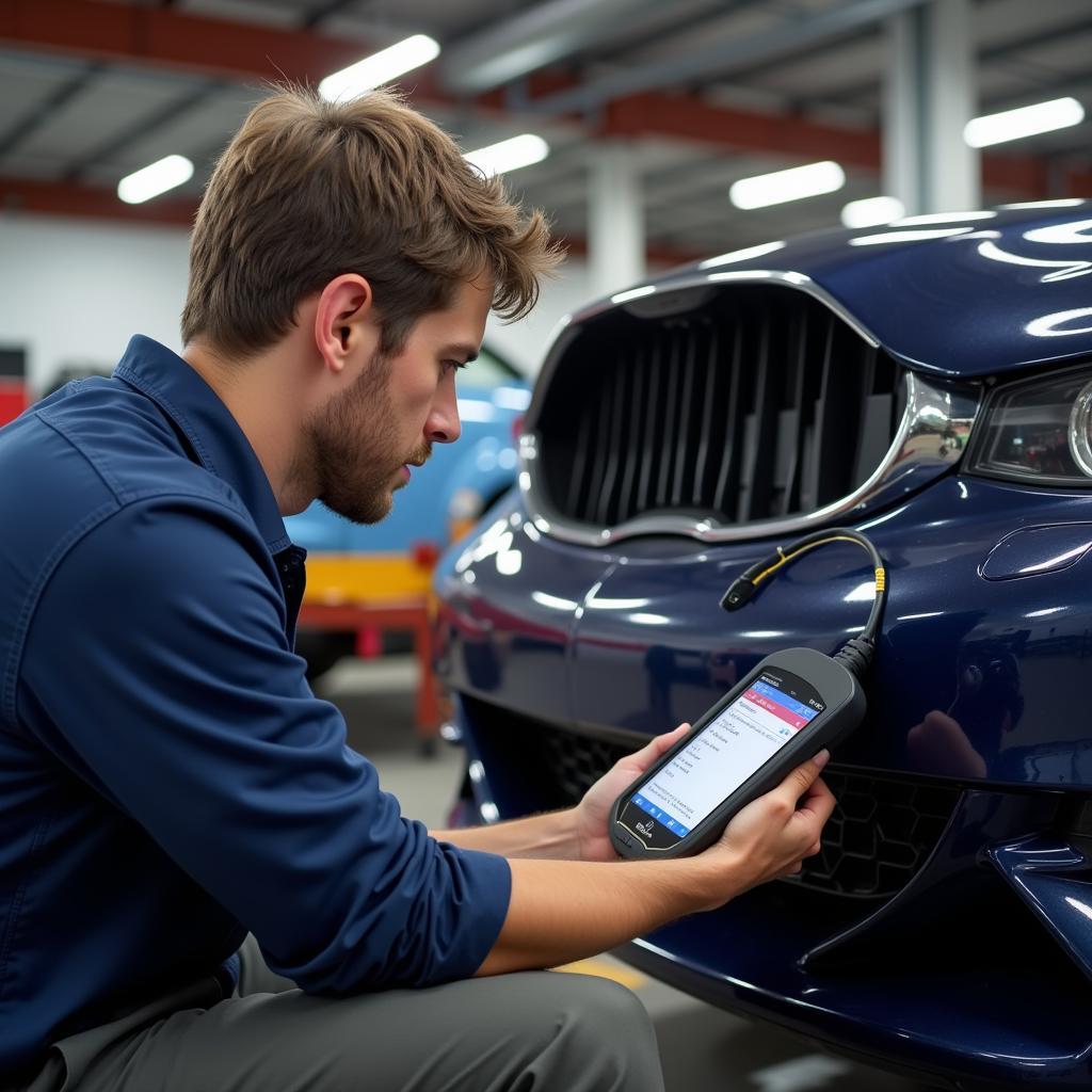 Mechanic using a Foxwell ABS OBD2 scanner to diagnose a car