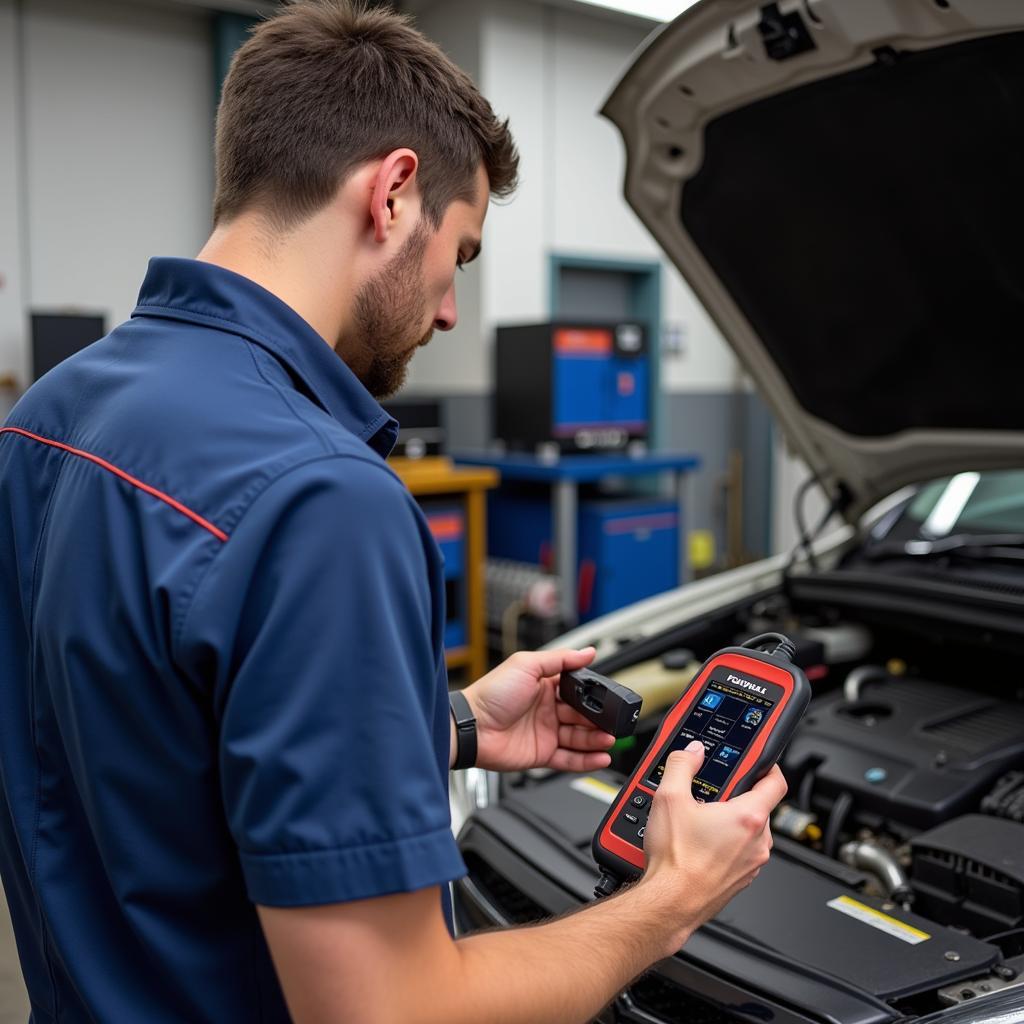 Mechanic using the Foxwell NT301 OBD2 scanner to identify a car issue