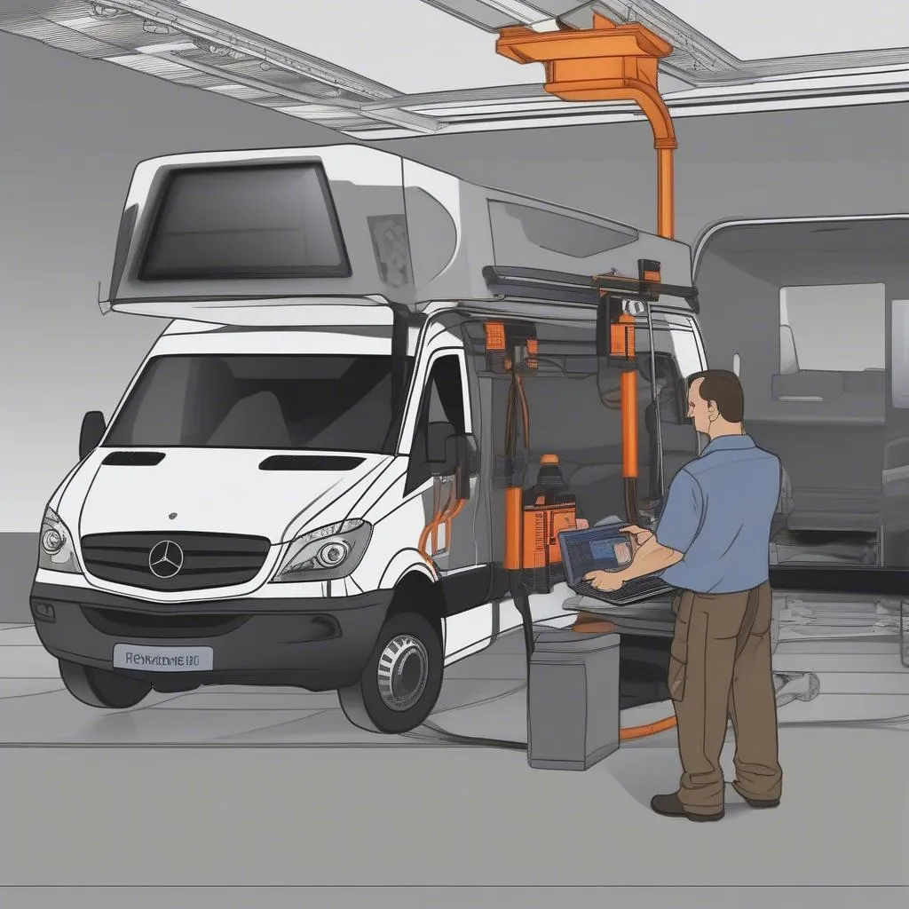 Mechanic utilizing a Foxwell NT301 OBD2 scanner on a Mercedes Sprinter