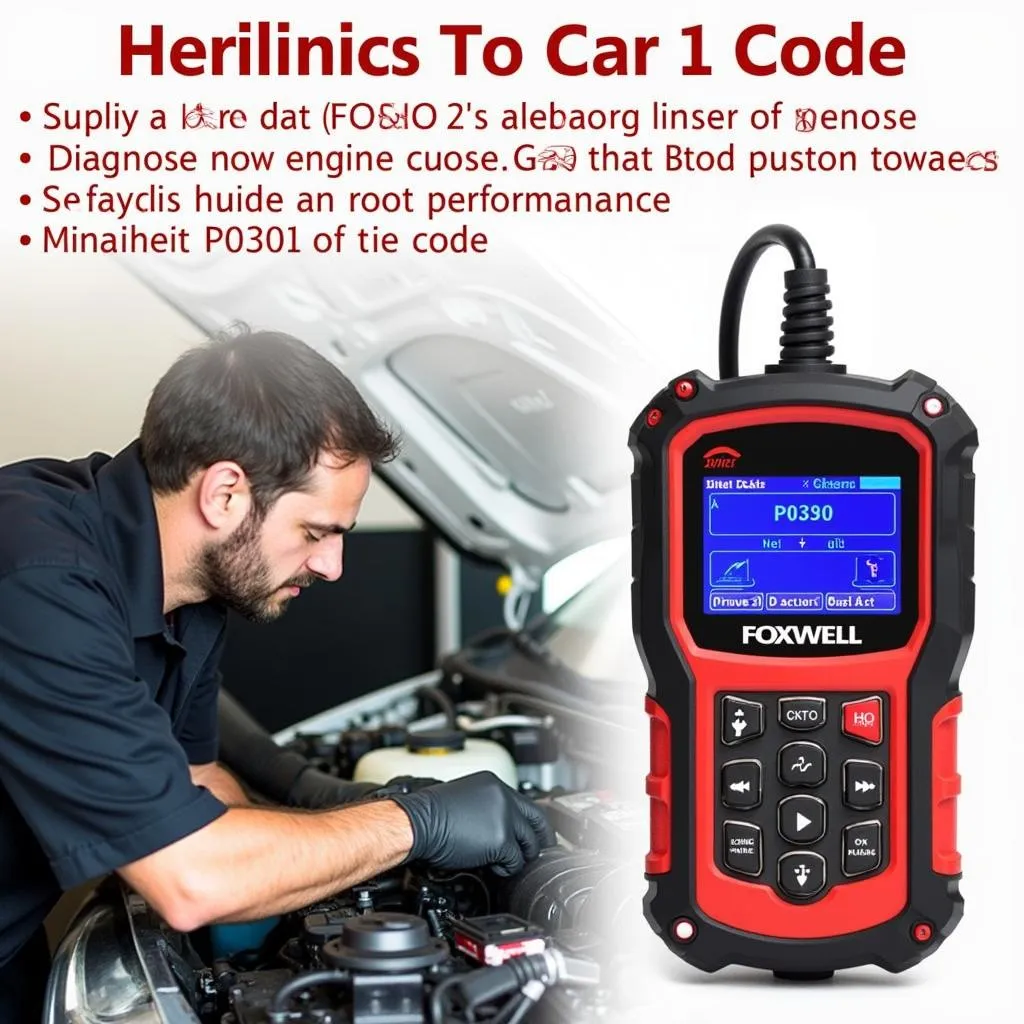 Mechanic using Foxwell OBD2 scanner to diagnose car engine