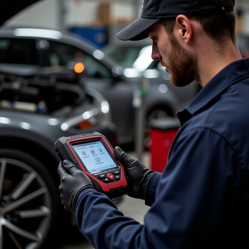 Mechanic Using Foxwell Scanner in Garage