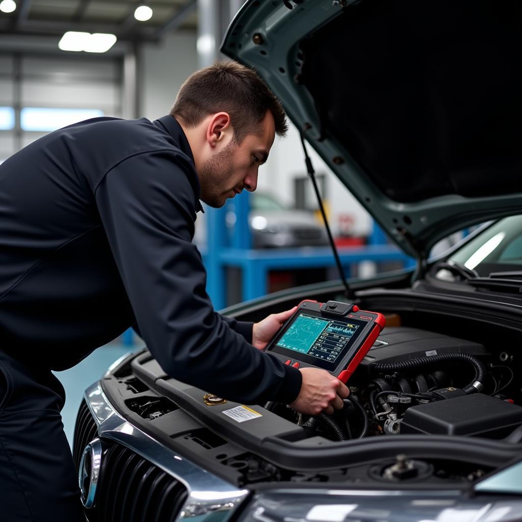 A mechanic utilizing an advanced German technology OBD2 scanner to diagnose a car's engine